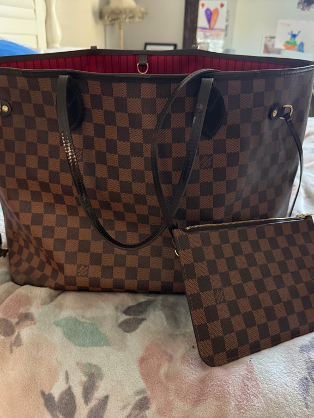 Louis Vuitton never full GM Brown Checkered Tote Bag with Pouch - Brown